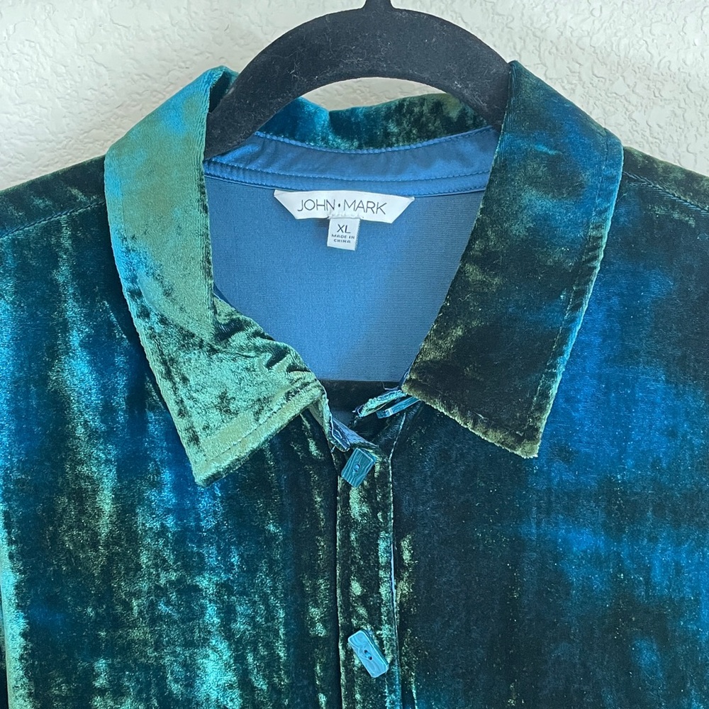 John Mark Velvet Button-Down Shirt XL in Blue & Dark Green Burnout Artsy Velour - Picture 8 of 10